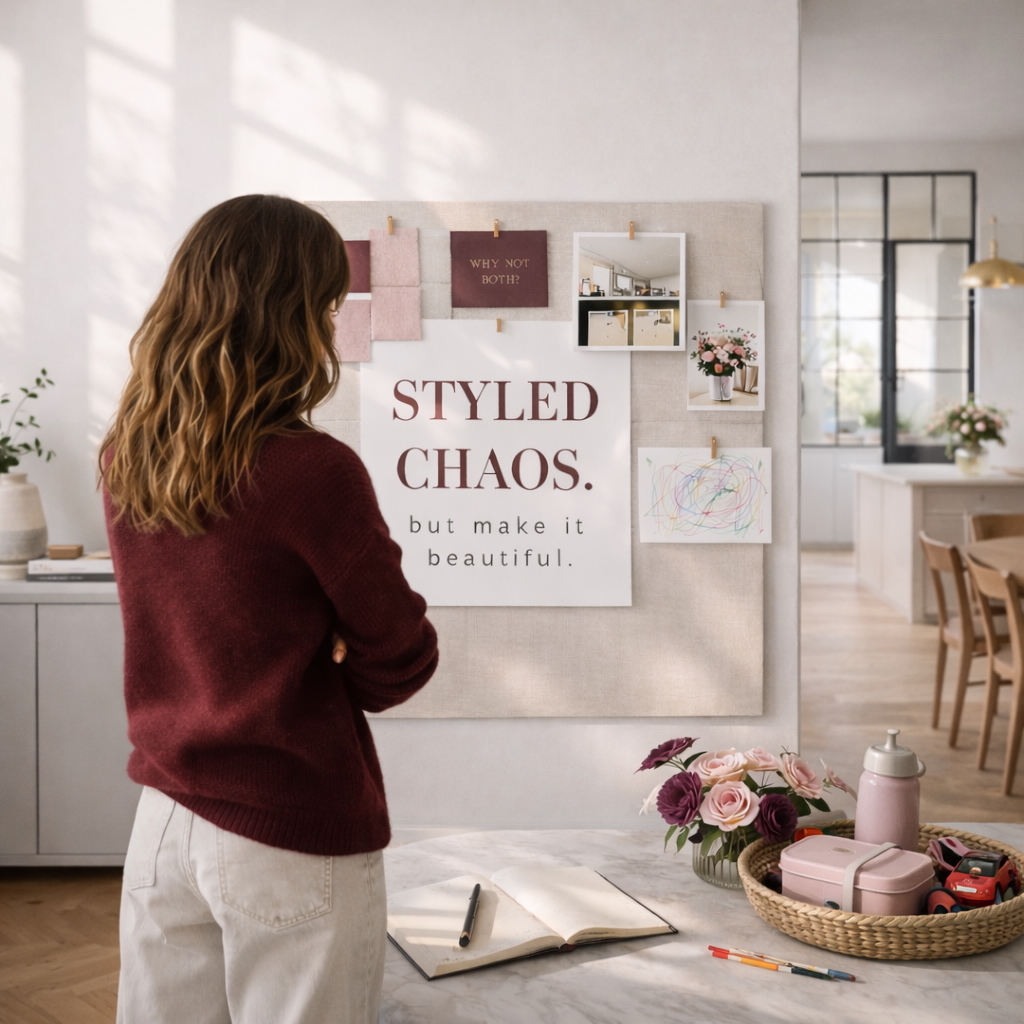 Moodboard für Familienalltag mit Stil: Styled Chaos Konzept mit Brotdose, Trinkflasche und Kinderzeichnungen in ästhetischem Zuhause