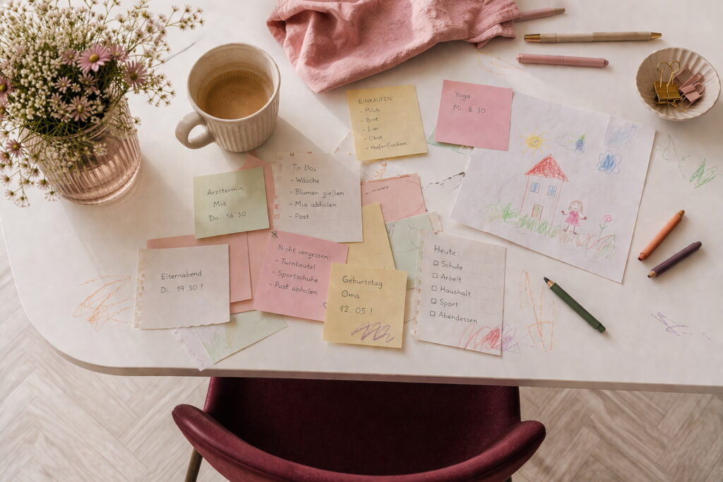Draufsicht auf einen weißen Tisch mit Post-its, Kinderzeichnungen, Kaffeetasse und Blumen in den Farben Mauve, Rosé und Bordeaux – Symbol für Mental Load im Familienalltag.