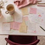 Familienplaner für weniger Chaos: So bekommst du euren Alltag in den Griff Draufsicht auf einen weißen Tisch mit Post-its, Kinderzeichnungen, Kaffeetasse und Blumen in den Farben Mauve, Rosé und Bordeaux – Symbol für Mental Load im Familienalltag.